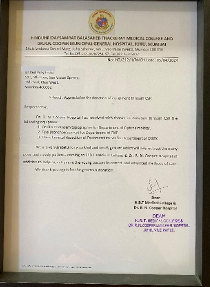 Appreciation for donation of medical equipments
